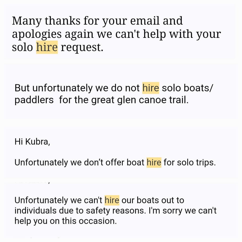 A text containing email correspondence and rental requests. It informs you that solo rentals are not available for the canoe trail.