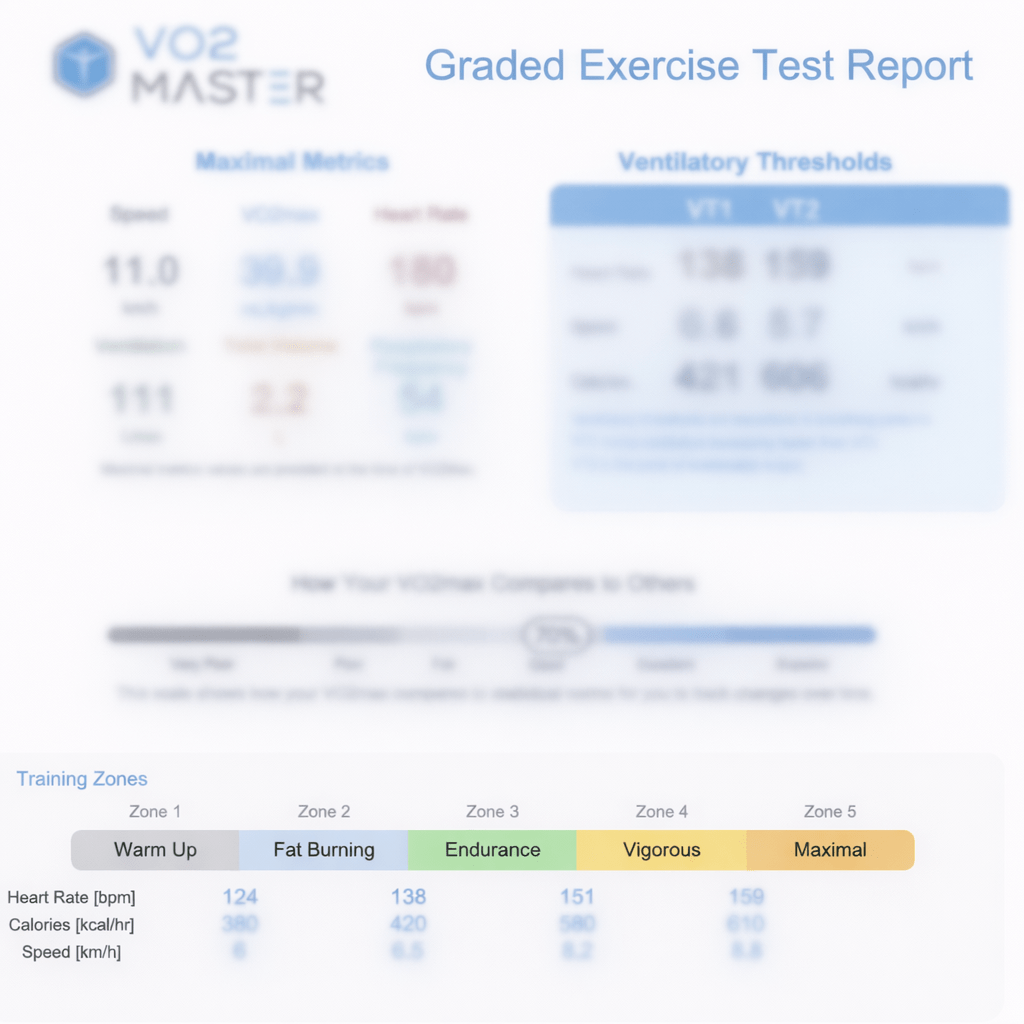 VO2 max testi sonuç raporu, antrenman metrikleri ve ventilasyon eşiklerini gösteren bir ekran görüntüsü.