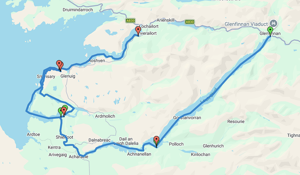 Bir yol haritası, Scotish Highlands bölgesinde farklı yerleri ve rotayı gösteriyor.