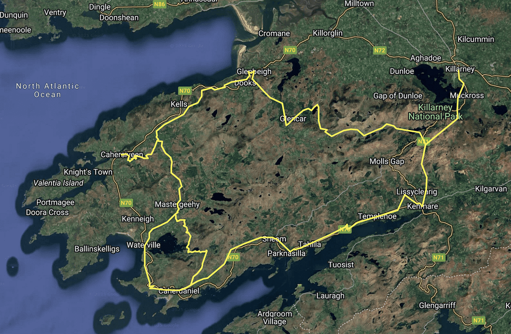 The Kerry Way map provides information about the walking route in southwestern Ireland. The map shows the regions, roads, and settlements with colored lines.