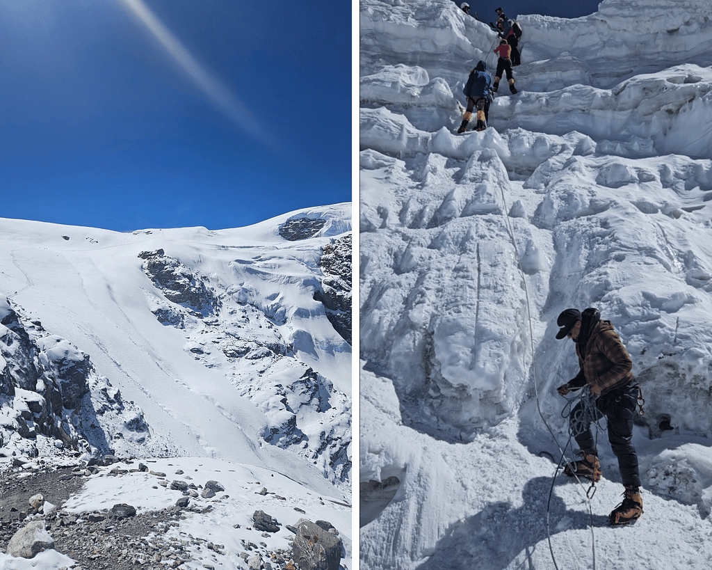 Geniş bir dağ manzarası altında parlayan kar ve buzul alanı, mavi gökyüzü ile birleşiyor.