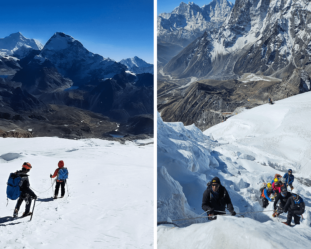 Himalayalarda bir dağcı grubu, kar ve buz zemininde yürüyüş yaparken, uzak dağların manzarası ile birlikte