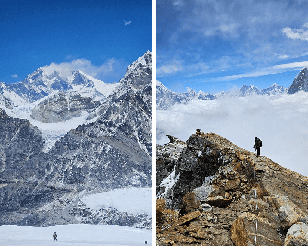 Soldaki fotoğrafta, Himalayalar'da bir dağcı, karlı zirveler ve derin vadiler arasında ilerliyor.