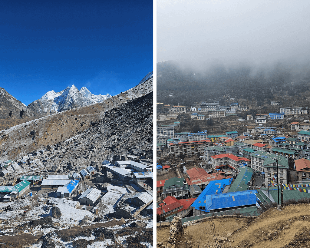 Himalayalar'da karla kaplı dağlar ve yerleşim alanları olan bir manzara.