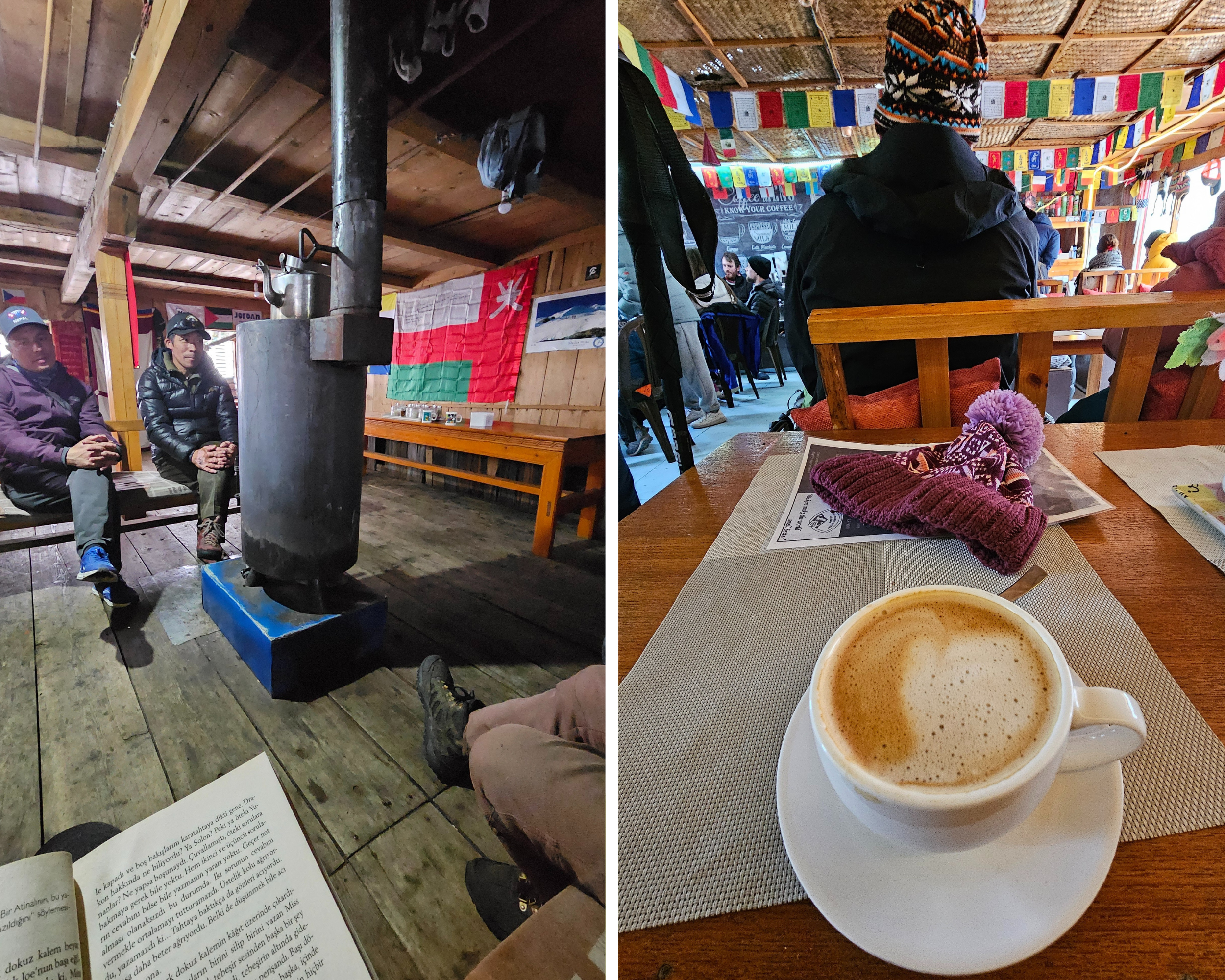 İç mekanda oturan dağcılar, bir ocak etrafında sohbet ediyor. Duvarlarda ulusal bayraklar asılı durumda ve odanın aydınlatması yumuşak.