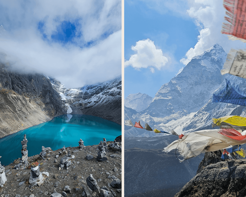 Himalayalarda bir göl ve etrafında taş yığınları, bulutlu gökyüzü.