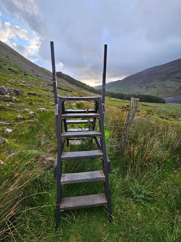 Located in a mountainous area, an iron staircase rises towards the sky. Surrounded by grassy terrain, green plants and mountain views can be observed.