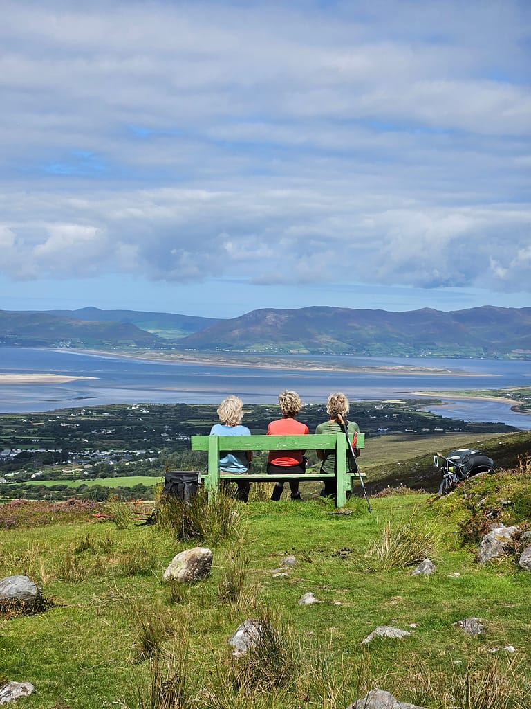 An image of three people sitting on a bench with their backs visible, watching the view.