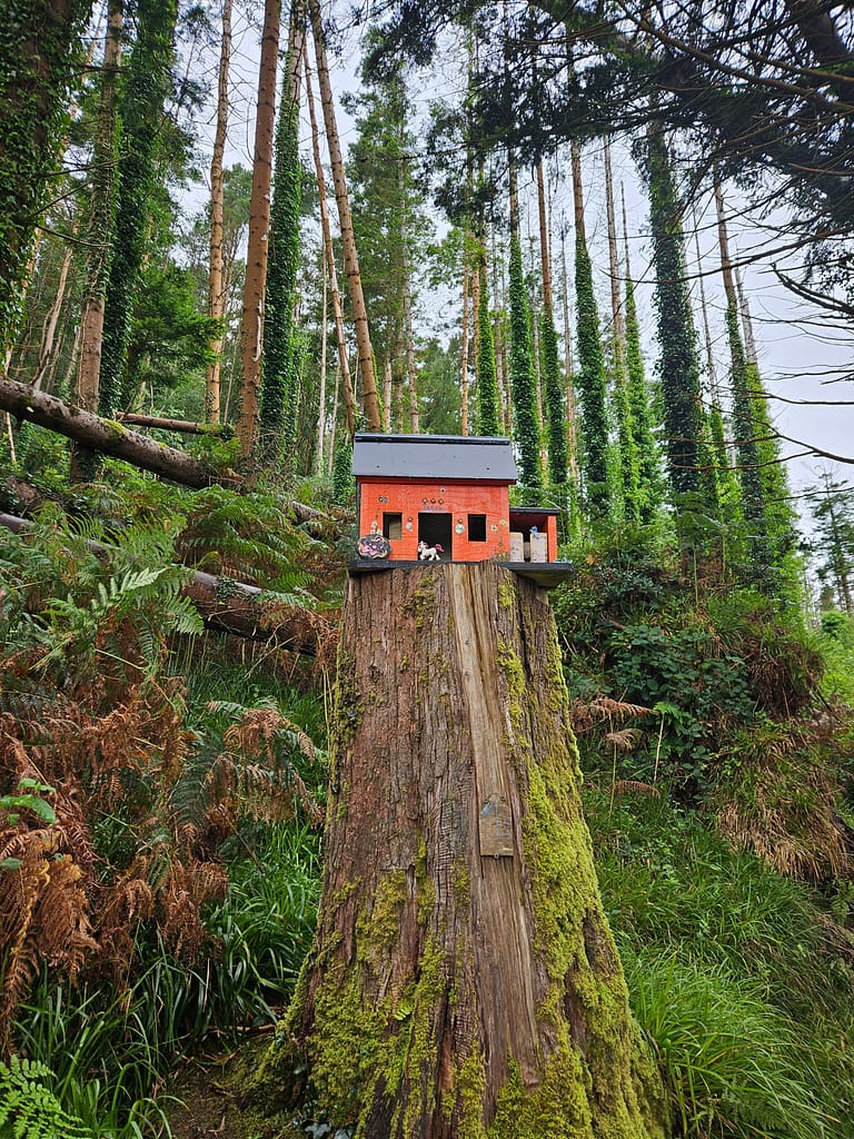 A miniature house placed on a tree stump appears in a natural forest setting with green plants and tall trees around it.