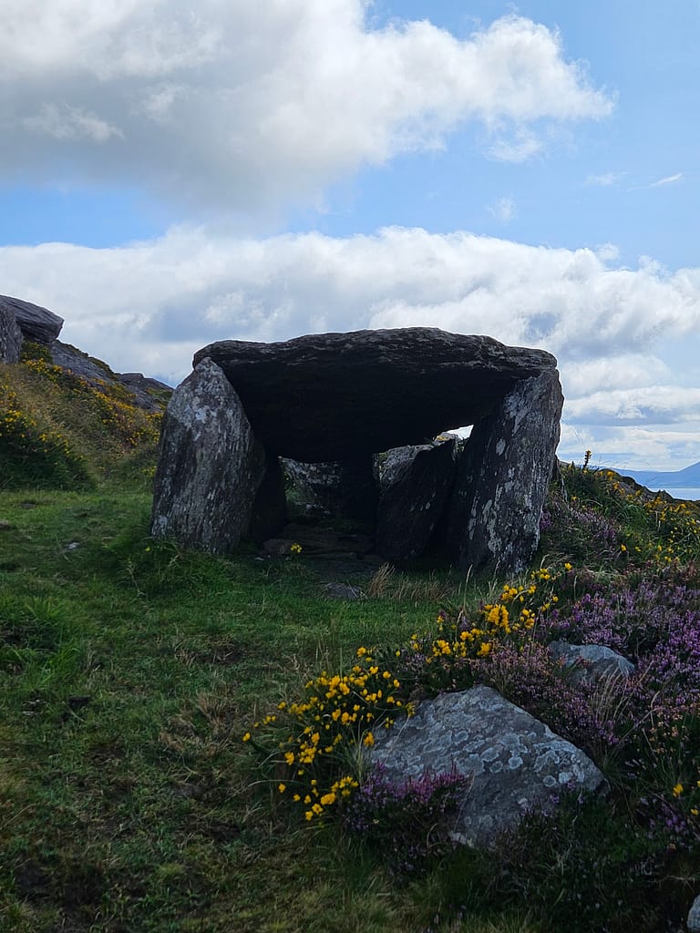 A tomb structure made of large stones on a hill, surrounded by flowers and green areas.