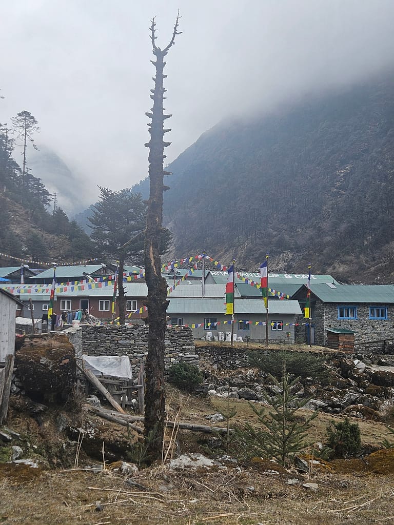 Yüksek irtifada, bulanık bir arka planda görülen dağ evleri ve etrafında rengarenk dua bayraklarının asılı olduğu bir görüntü.