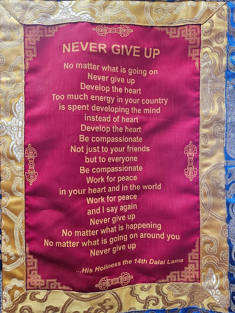 Bir duvar panosuna asılmış, üzerinde 'Asla Pes Etme' yazılı bir mesajın yer aldığı renkli bir kumaş parçası. Mesaj, merhamet geliştirmeye ve barış için çalışmaya teşvik eden sözleri içeriyor.