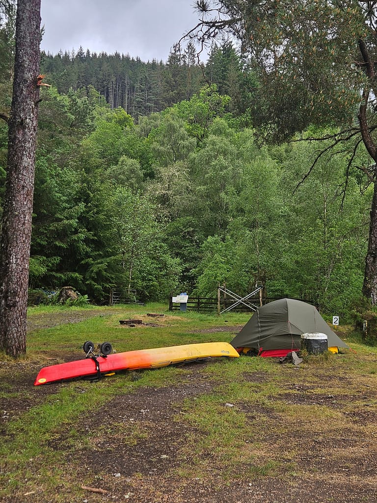 A tent and two canoes at a campsite, with dense green woodland in the background.