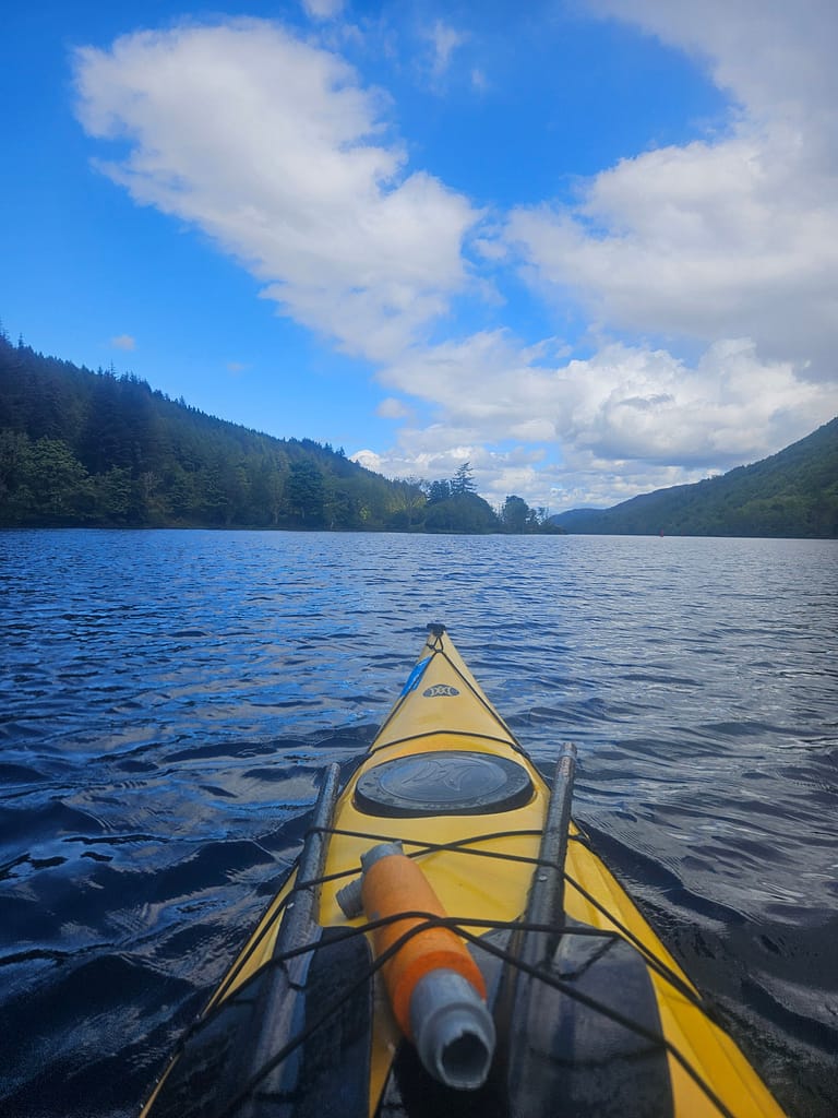 A canoe travels through the water, passing through mountains and green trees. The sky is blue and covered with clouds.