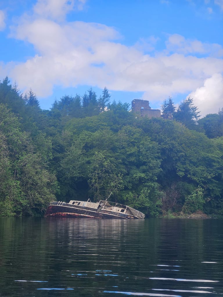 An abandoned boat sits on the shore of a lake, surrounded by trees and greenery. A lightly cloudy sky can be seen in the background.