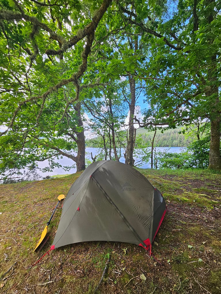 An image of a tent and canoe paddle set up under trees by a lake. A peaceful campsite surrounded by nature's green foliage and blue sky.