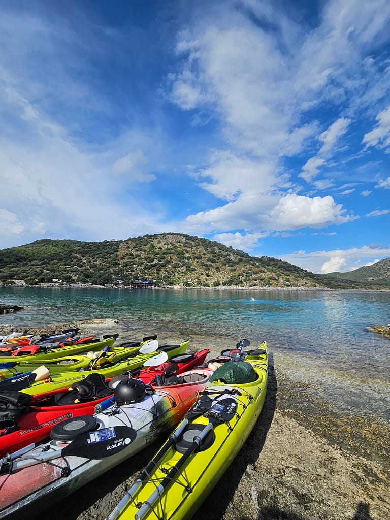 Renkli deniz kayıkları, temiz su ve yeşil bir tepe manzarasıyla birlikte bir kumsalda sıralanmış.